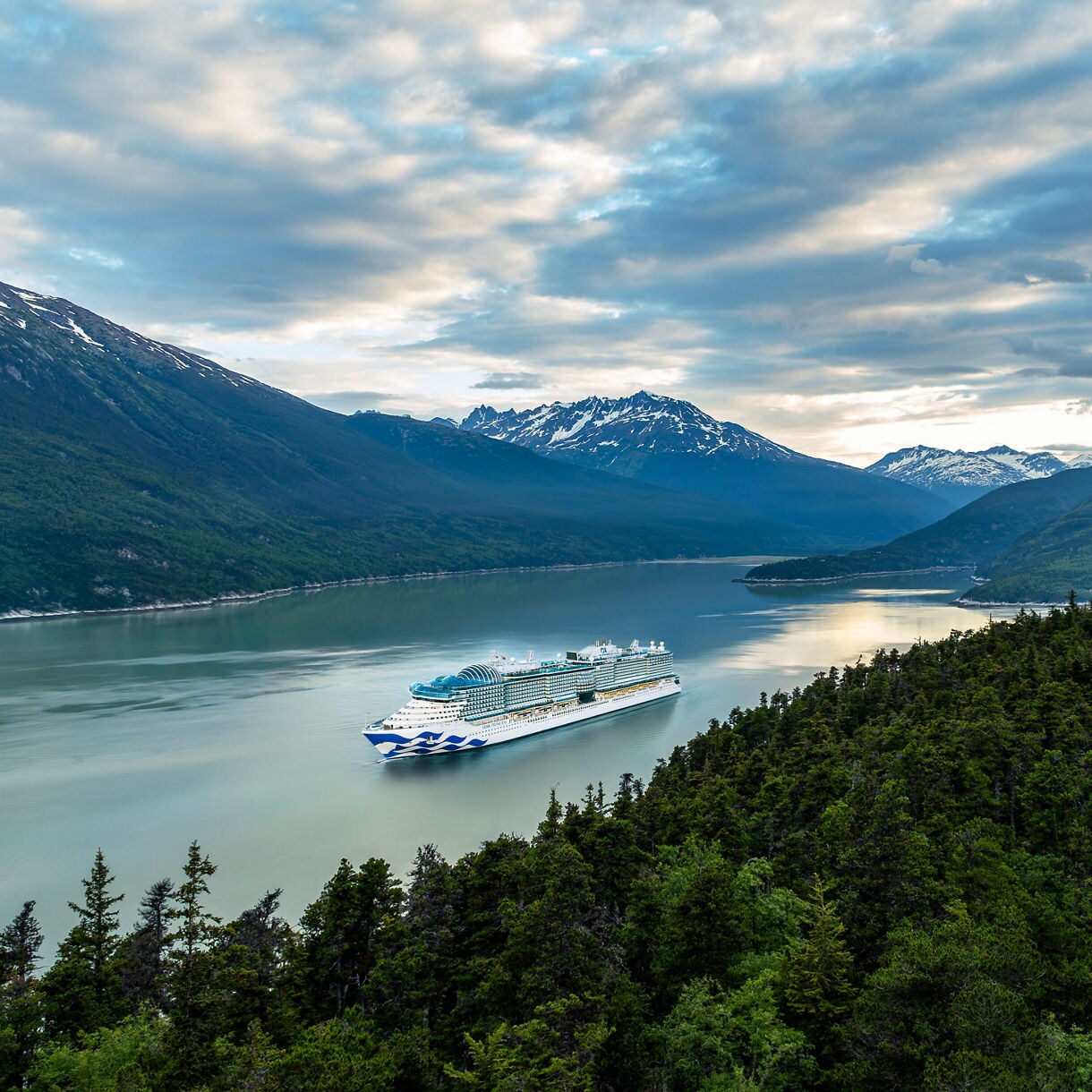 Cruise ship sailing through scenic fjord