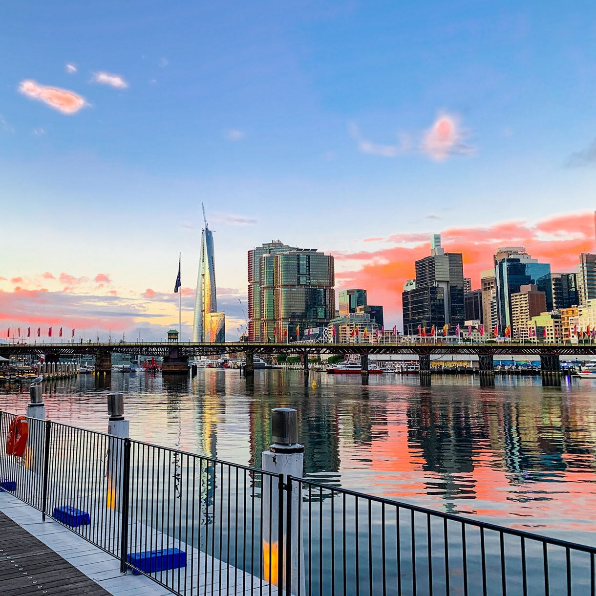 Colorful sunset view of Darling Harbour with reflections on calm water, a ferris wheel on the left, a pedestrian boardwalk in the foreground and modern skyscrapers rising behind a bridge lined with flags.