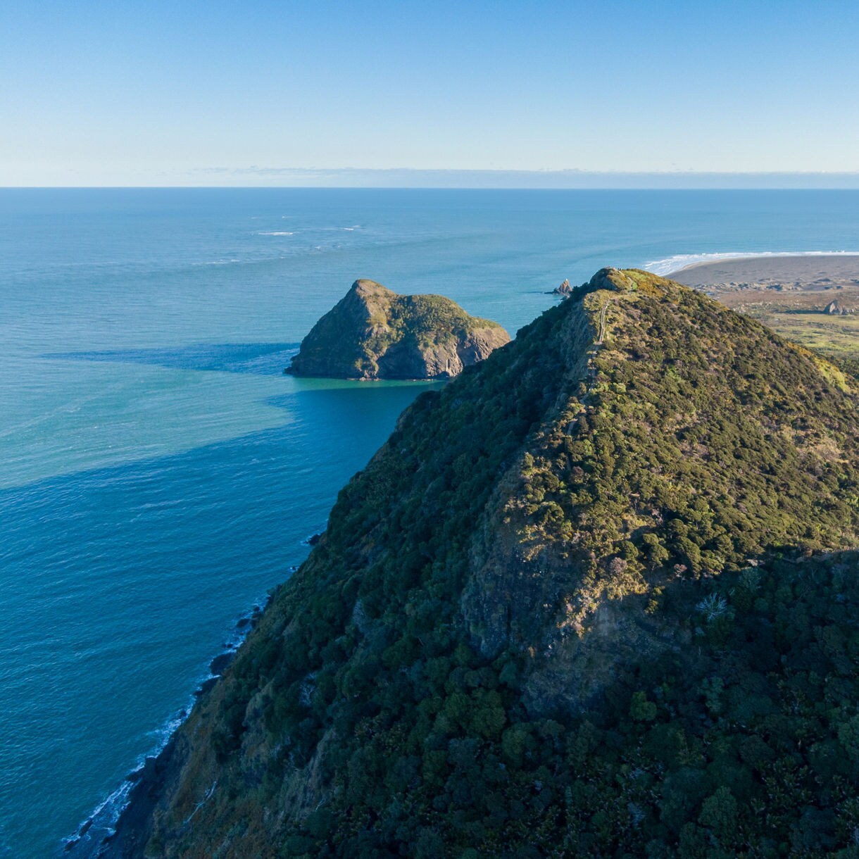 Aerial view of a green, rocky headland jutting into the Tasman Sea with smaller offshore islets and coastline in the distance.
