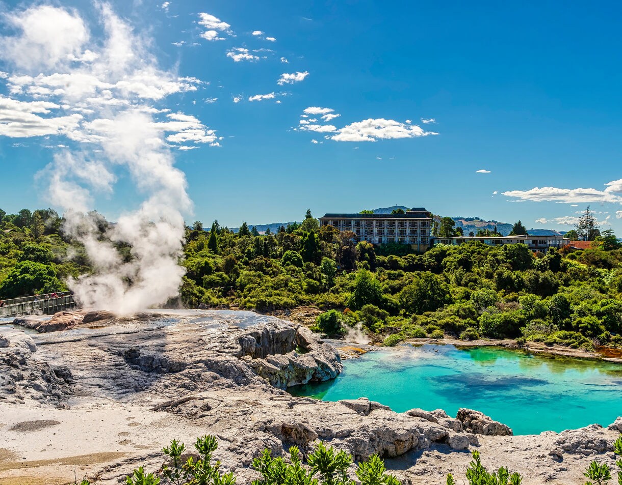 A steaming geothermal geyser and bright turquoise hot spring surrounded by green forest in Rotorua, New Zealand, under a clear blue sky.
