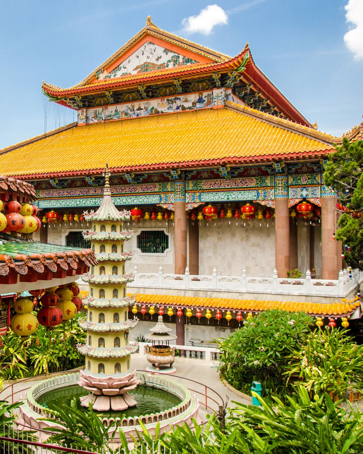 Kek Lok Si Temple in George Town, Penang, featuring a tall pagoda, colorful lanterns and ornate traditional architecture.