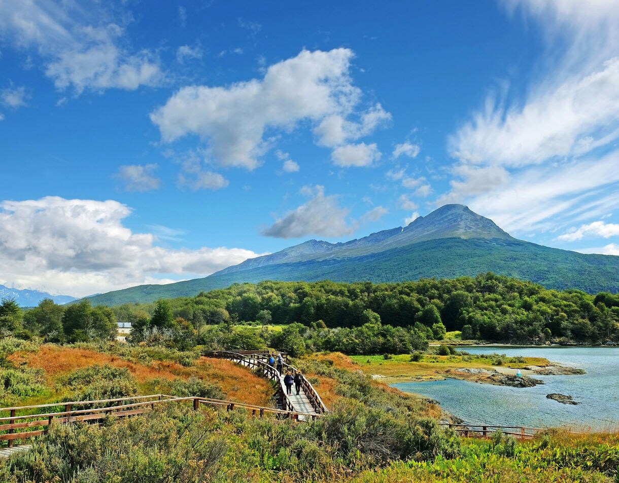 A wooden boardwalk winding through colorful wetlands and low shrubs toward a forested mountain range beside a calm blue inlet.