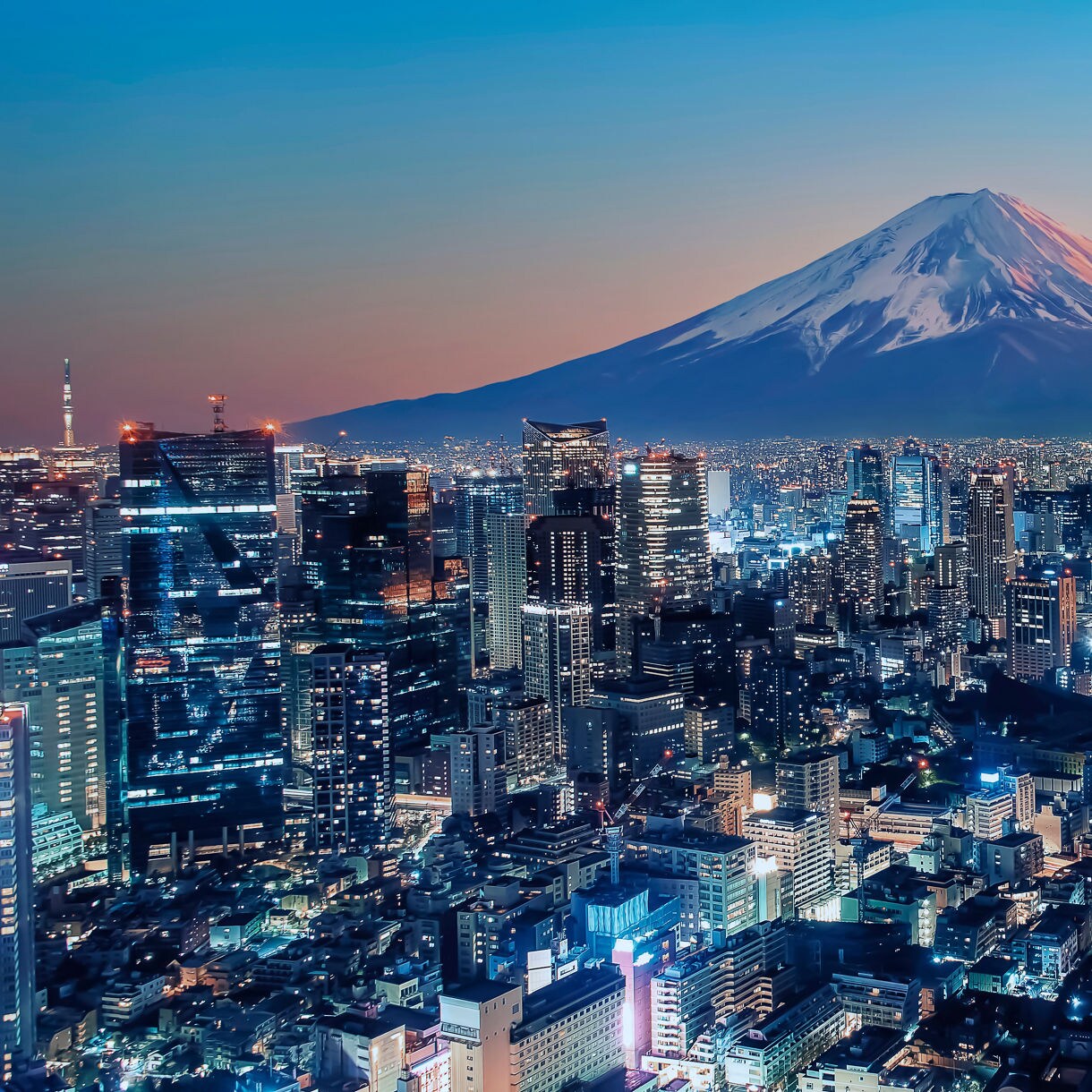 Nighttime panoramic view of Tokyo’s skyline with bright city lights, Tokyo Tower illuminated and Mount Fuji standing in the background under a fading sunset.