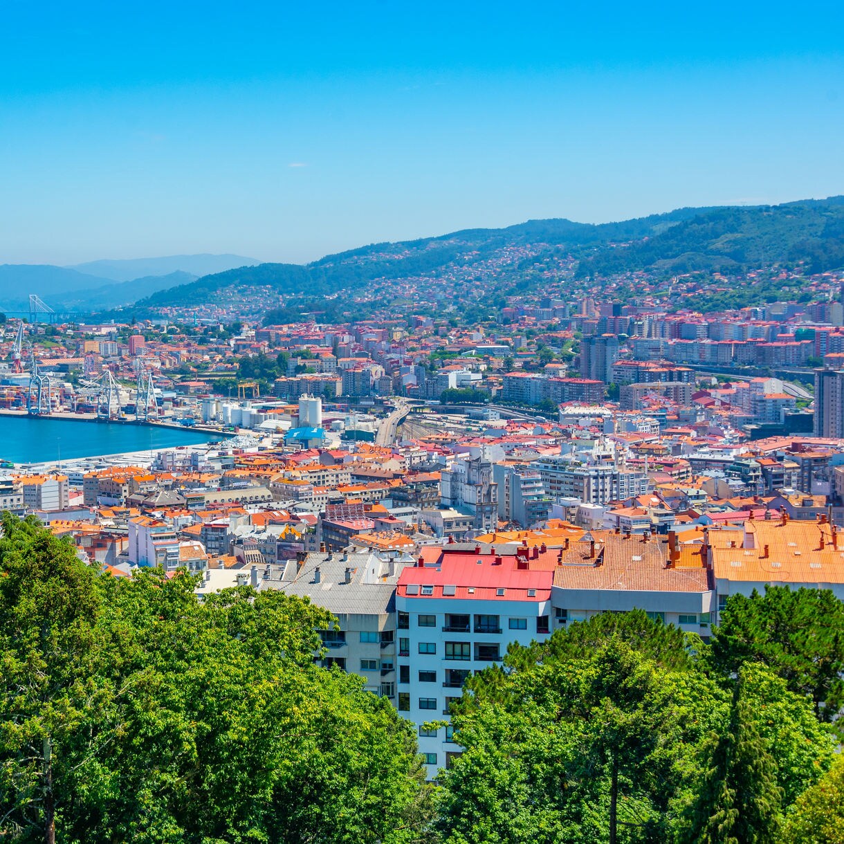 Panoramic view of Vigo, Spain showing orange-roofed buildings, a busy harbor with cranes and ships, forested hills and blue waterfront under a clear sky.