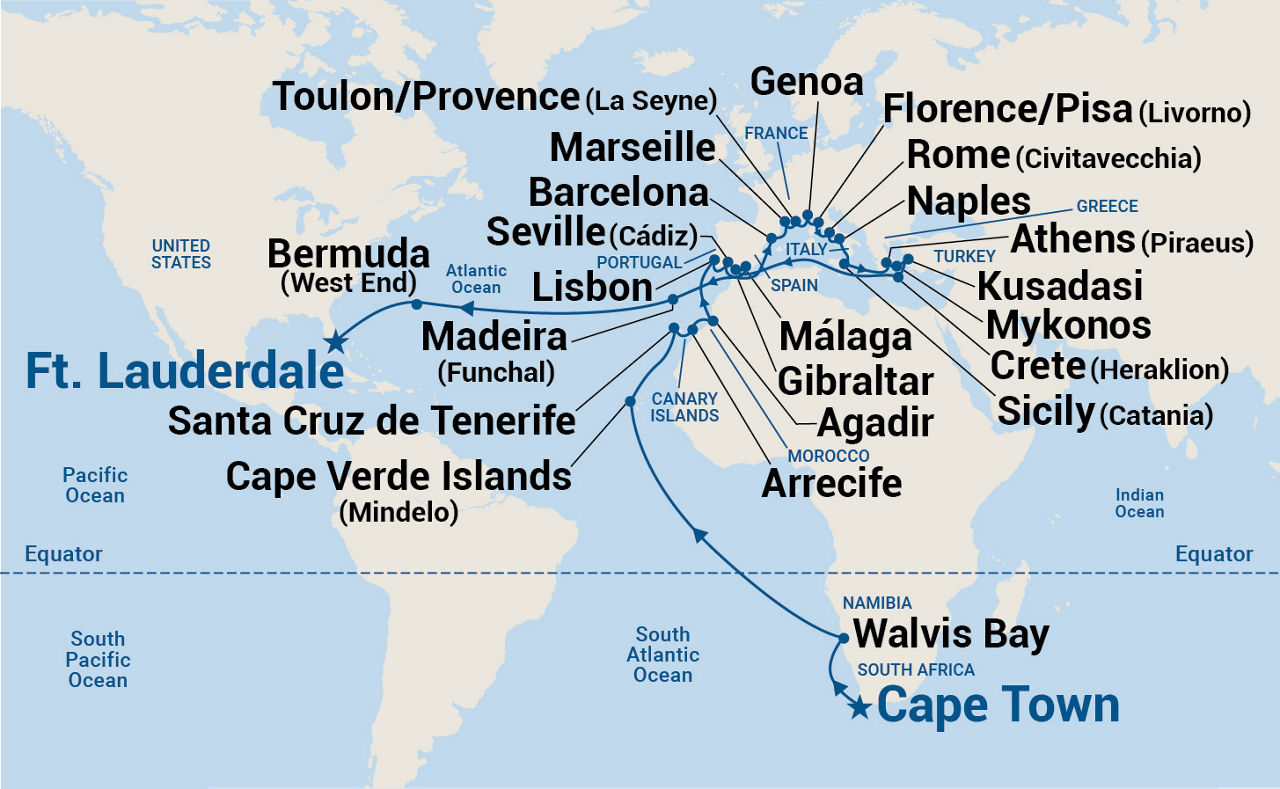 World Cruise Liner - Africa & Mediterranean — Itinerary Map