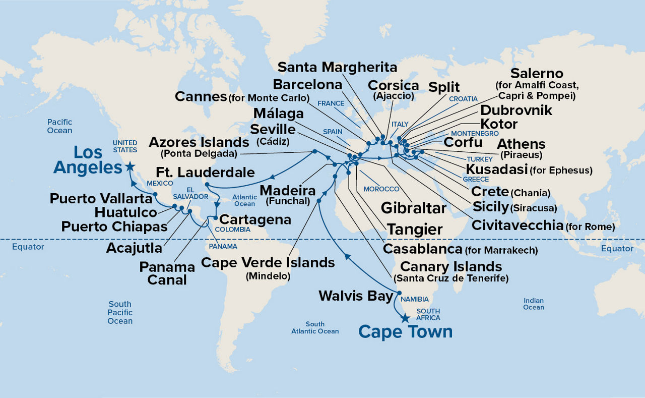 World Cruise Liner - Africa, Mediterranean & Panama Canal — Itinerary Map