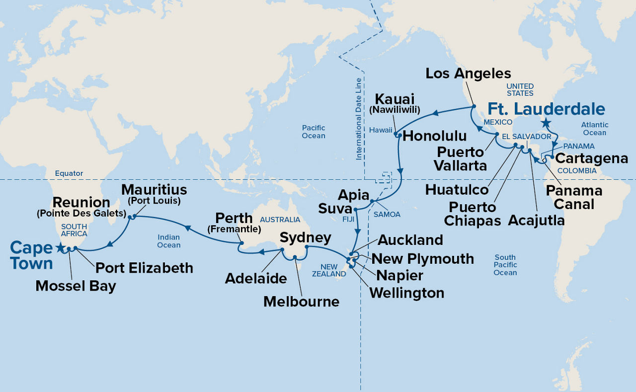 WC Liner - Panama Canal, South Pacific & Indian Ocean — Itinerary Map