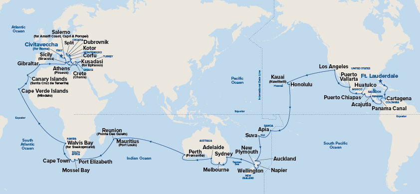 World Cruise - Ft. Lauderdale to Rome — Itinerary Map