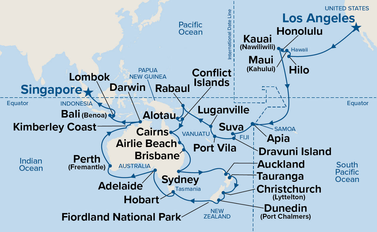 South Pacific - Los Angeles to Singapore — Itinerary Map