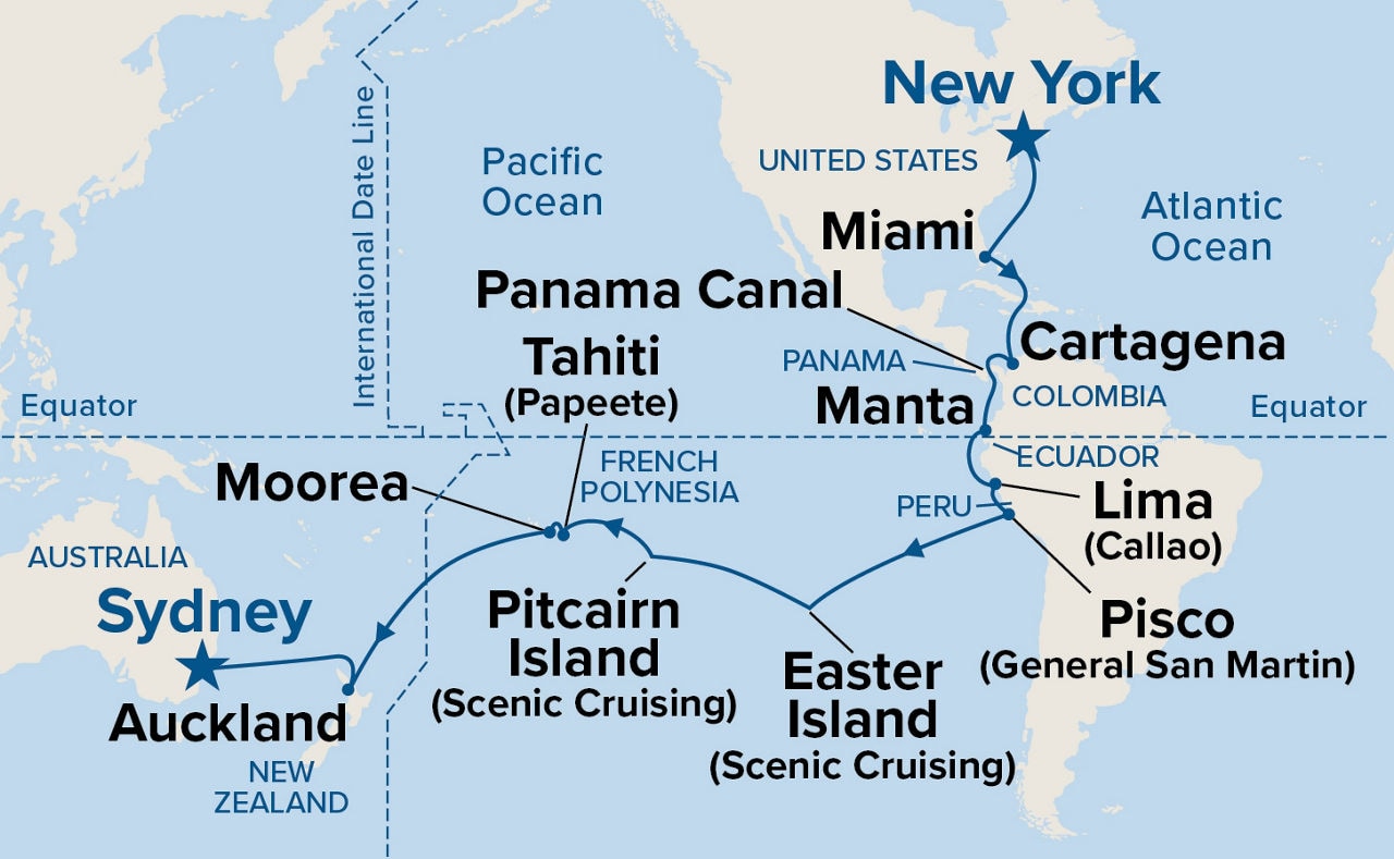 World Cruise Segment - New York to Sydney — Itinerary Map