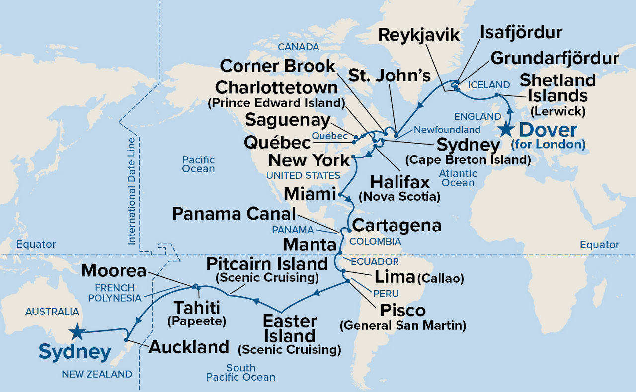 World Cruise Liner - London (Dover) to Sydney — Itinerary Map