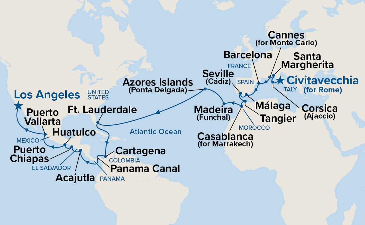 World Cruise Liner - Mediterranean & Panama Canal — Itinerary Map