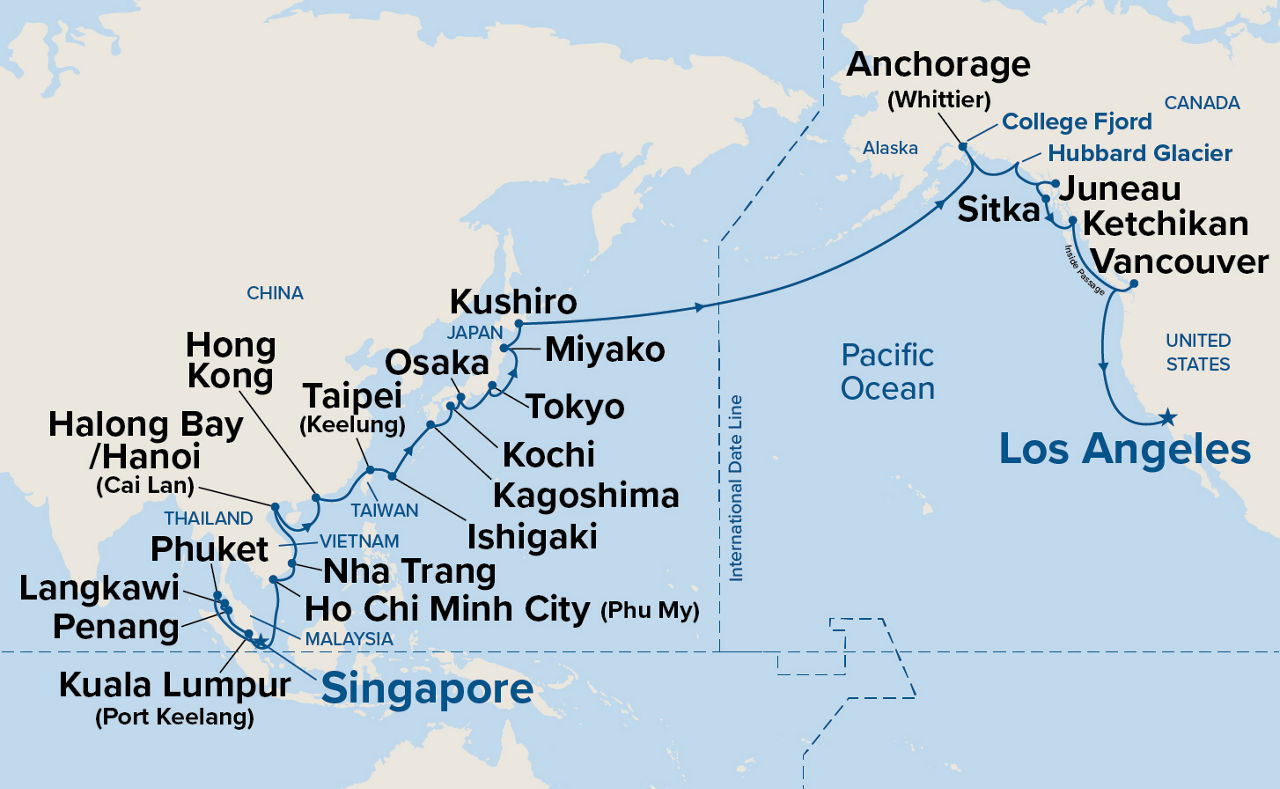 North Pacific - Singapore to Los Angeles — Itinerary Map