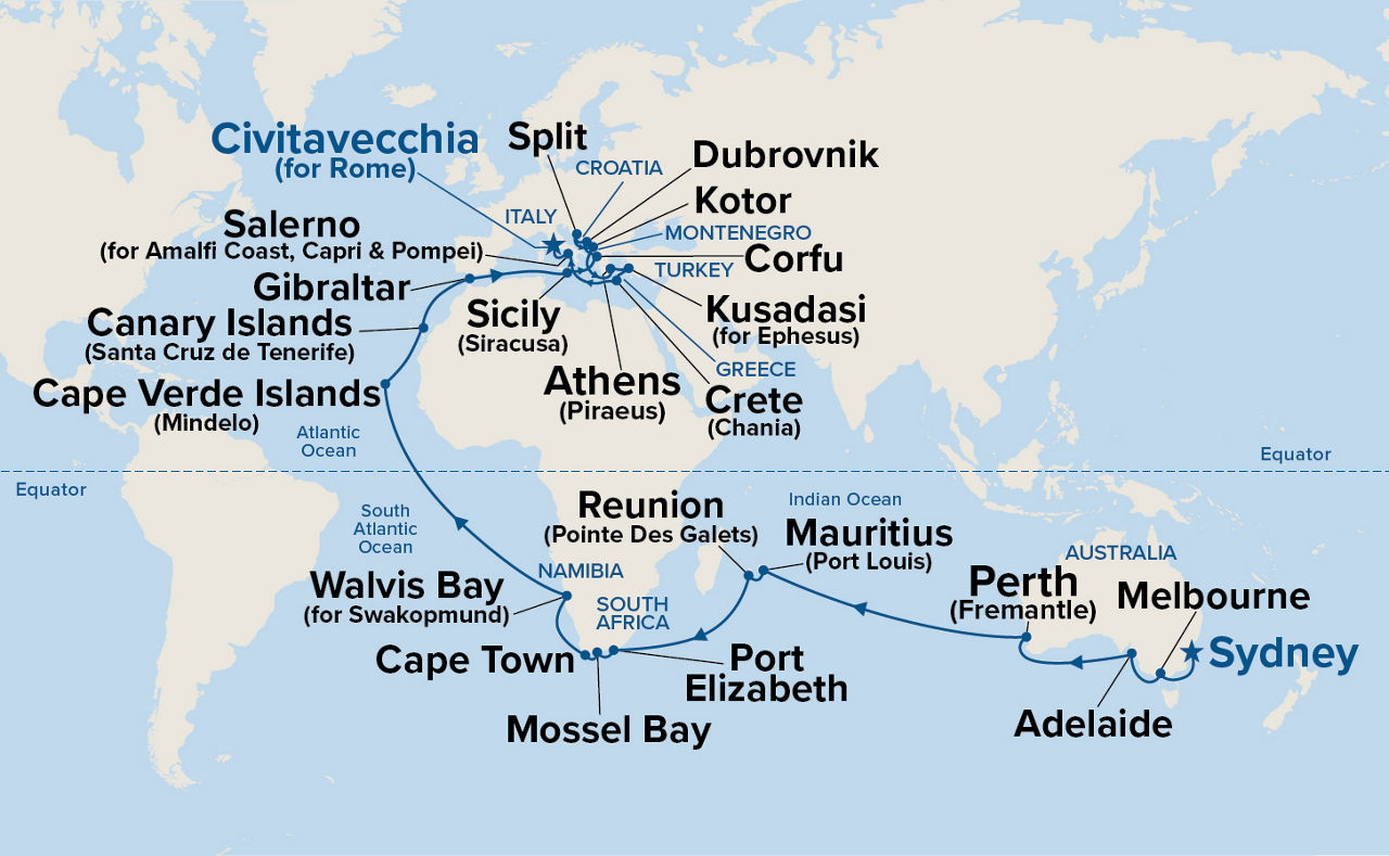 World Cruise Liner - Indian Ocean, Africa & Mediterranean — Itinerary Map