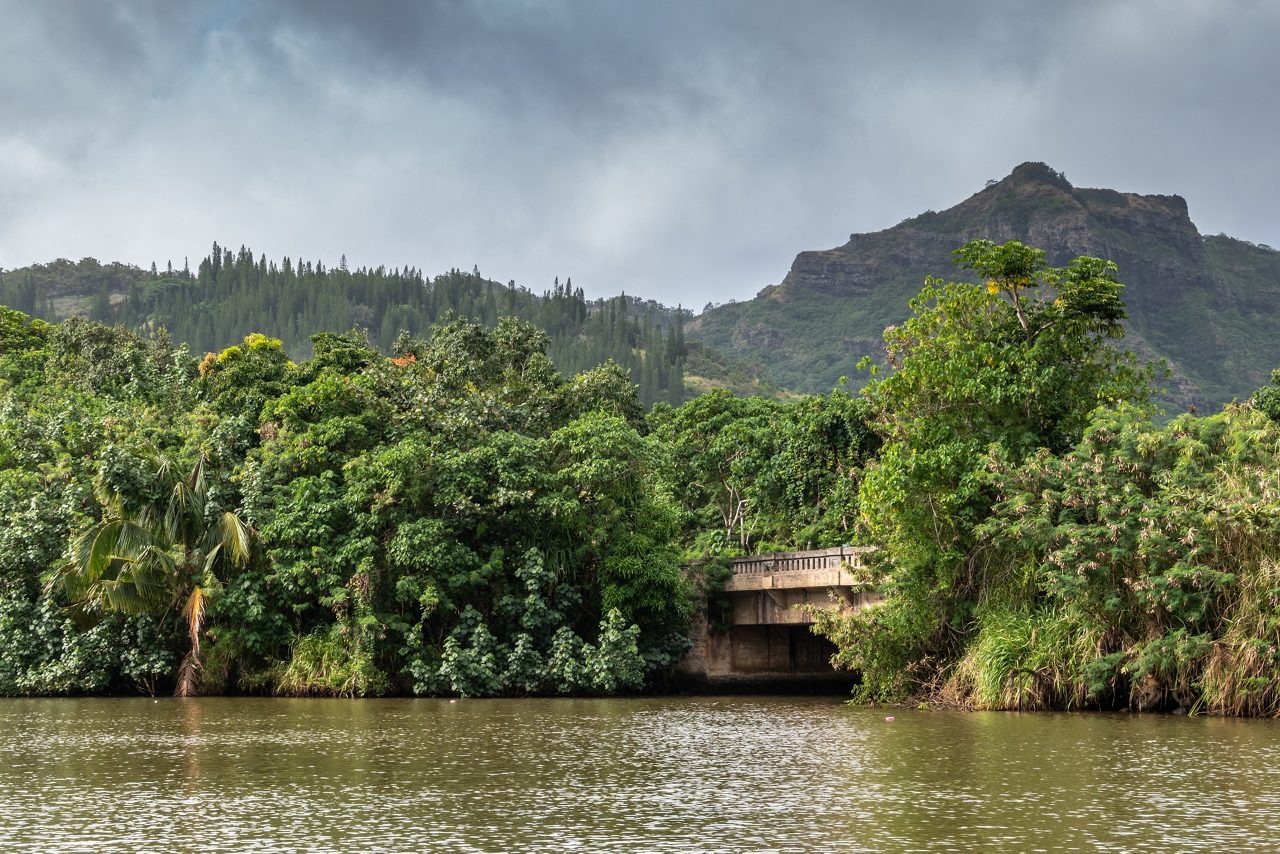 Wailua River surrounded by dense tropical vegetation and mountains under a cloudy sky on the island of Kauai.