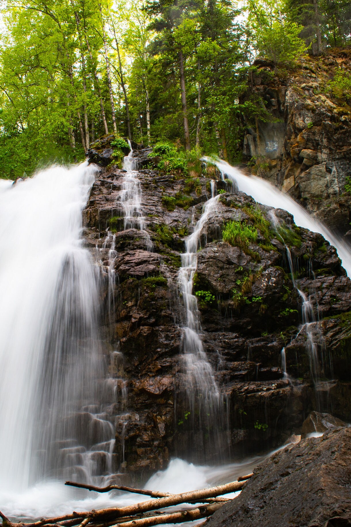 A wide, cascading waterfall surrounded by lush green forest and rocky cliffs, with water flowing over mossy stones and logs at the base.