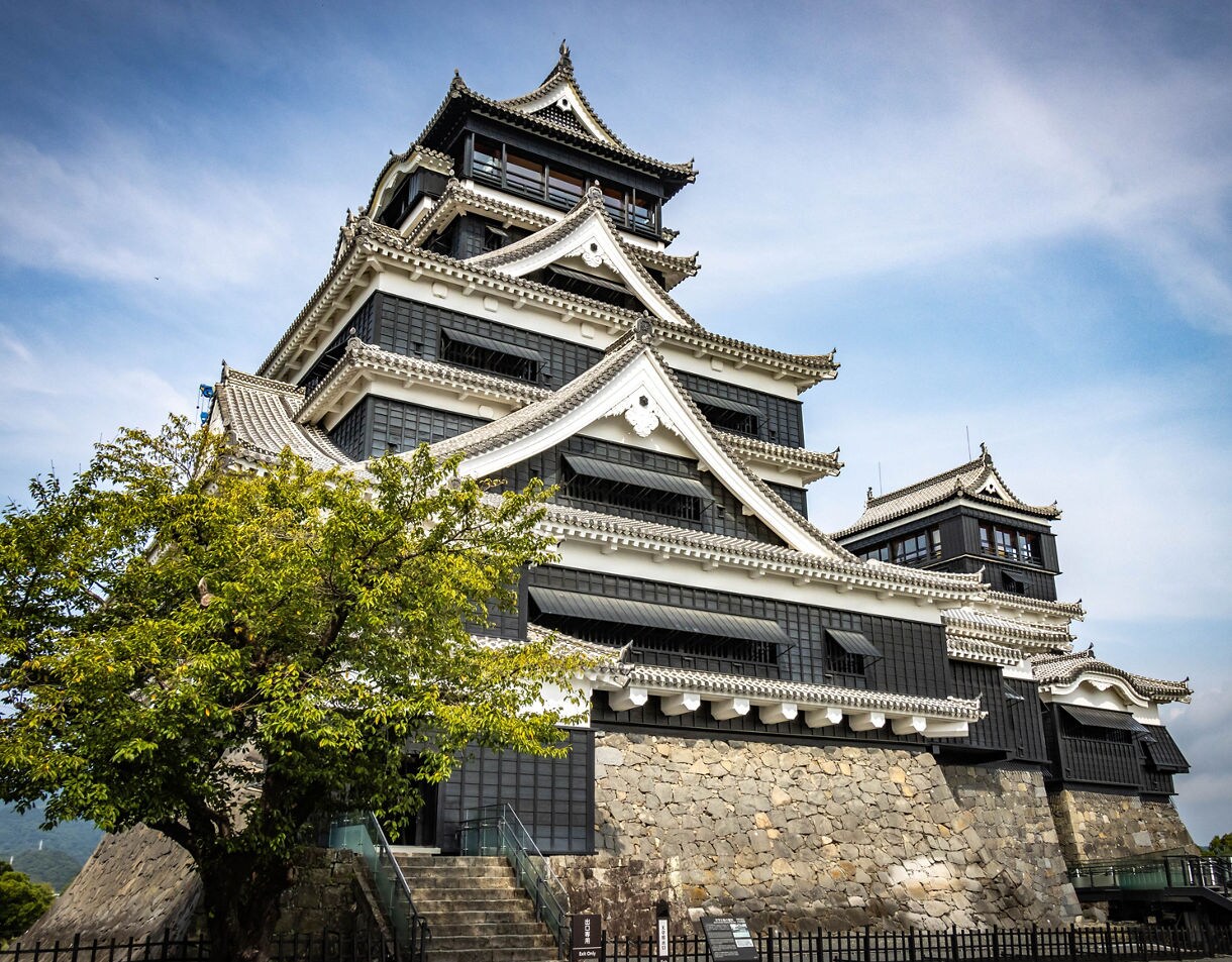 Kumamoto Castle’s multi-tiered black and white wooden towers sit atop massive stone walls, with ornate curved roofs and a leafy tree in the foreground under a clear sky.