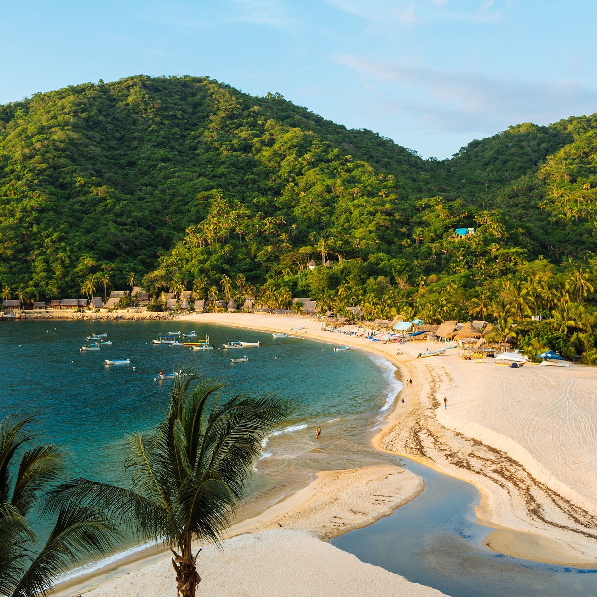 Sandy beach with palm trees and boats along Yelapa Bay, backed by lush green mountains.