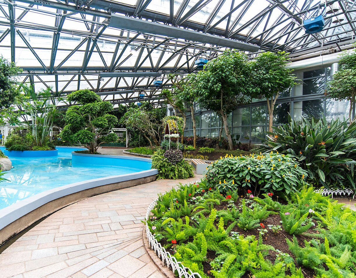 : Interior of Yeomiji Botanical Garden on Jeju Island, featuring lush tropical plants, curved blue water channels and sunlight streaming through a steel-and-glass roof.