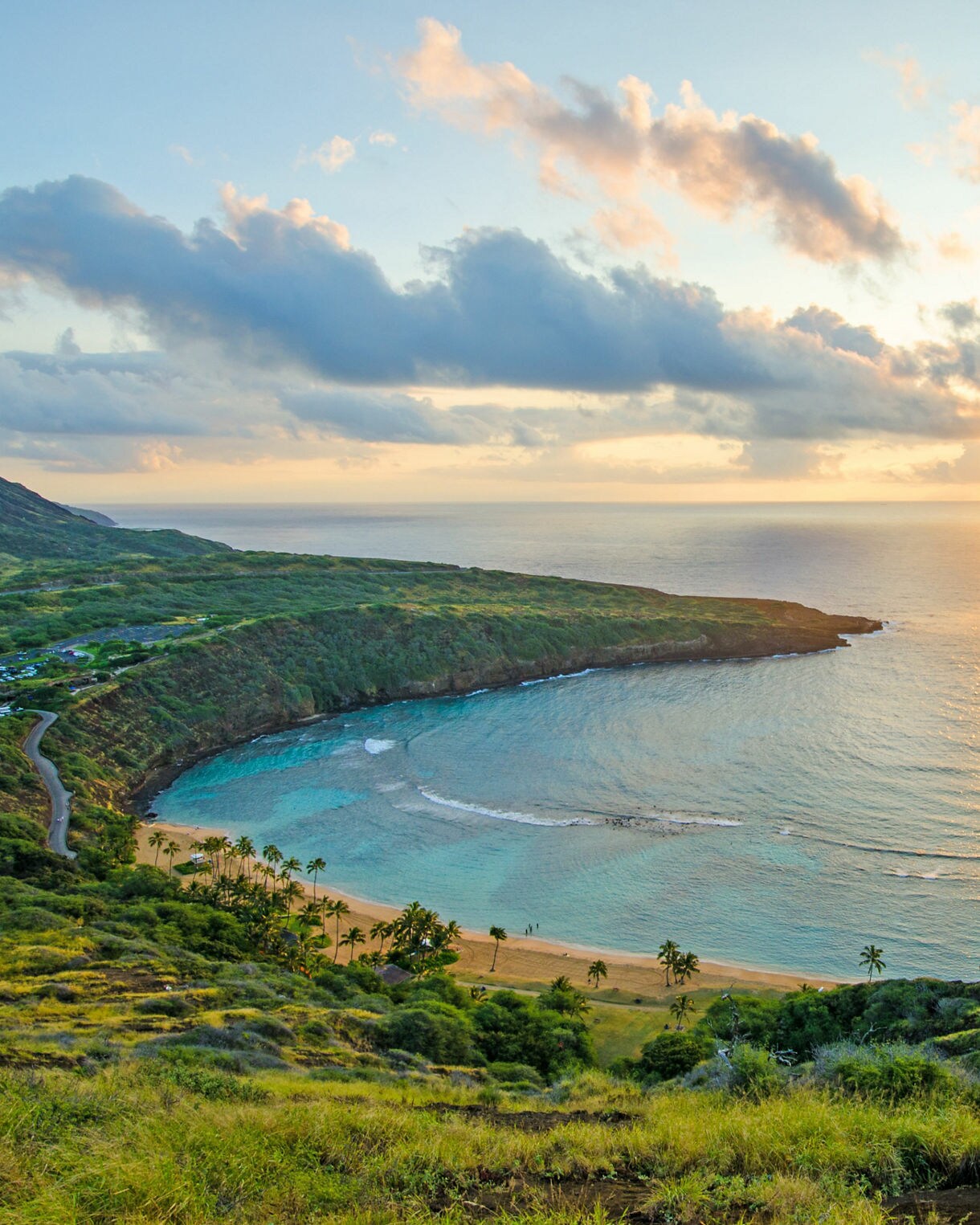 Sunrise over the world famous and popular snorkeling spot of Hanauma bay in Honolulu on the island of Oahu, Hawaii