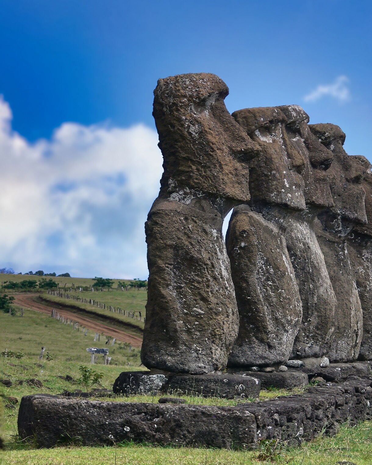 Row of seven upright moai statues at Ahu Akivi set on a stone platform, surrounded by grassy hills under a bright blue sky.