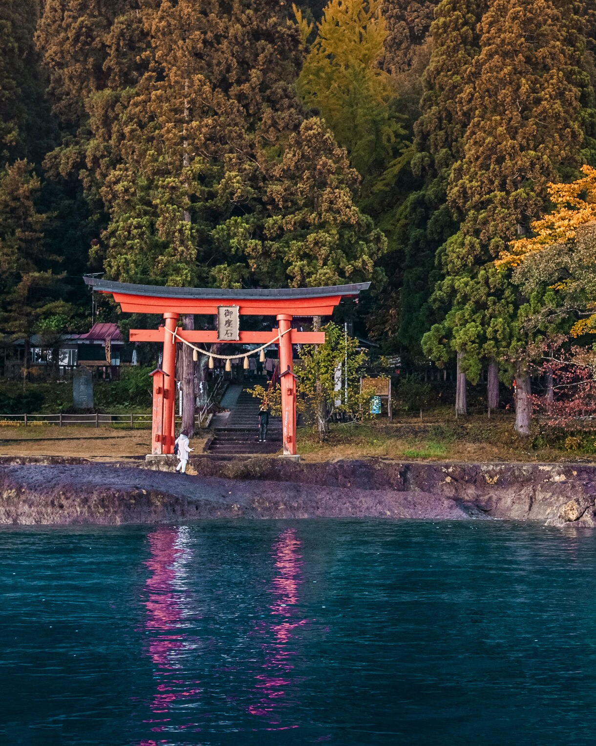 Vibrant red torii gate at the edge of Lake Tazawa in Akita, Japan, surrounded by dense forest and reflected in deep blue water.