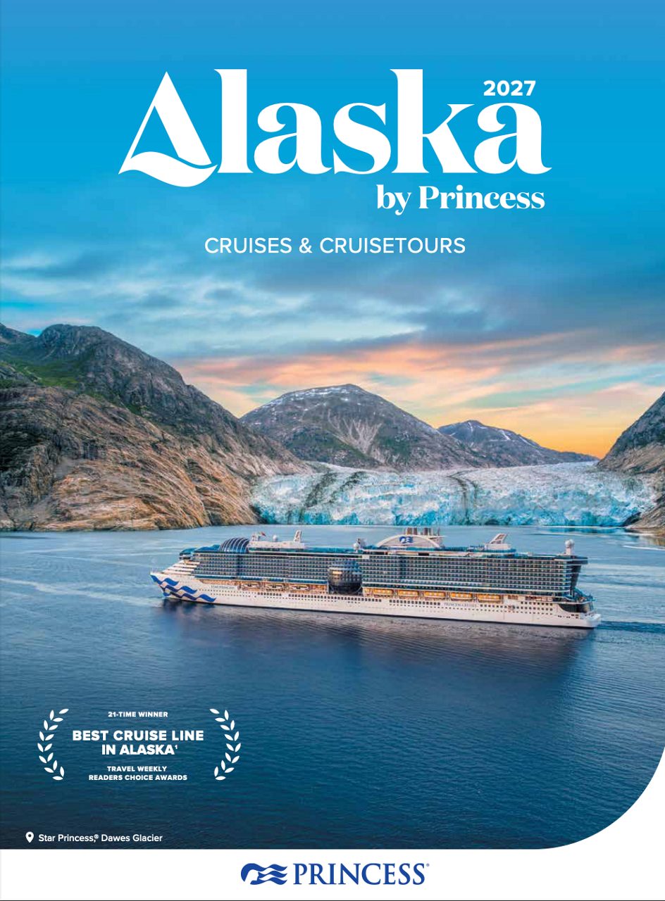 2027 Alaska by Princess Cruises brochure cover showing a cruise ship sailing past a glacier and mountains under a colorful sunset sky.