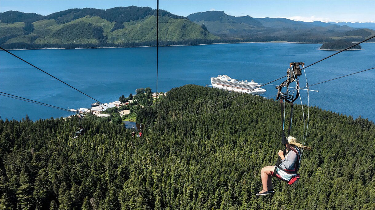 A couple on a zipline at Icy Strait Point on Alaska cruise