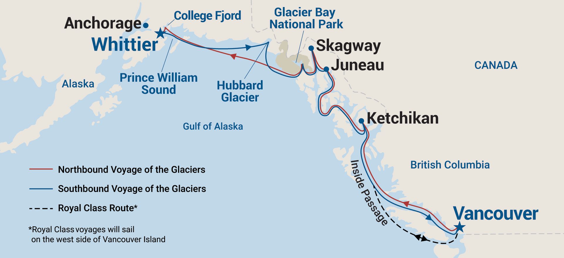 Map of cruise route for voyage of the glaciers cruises - refer to the page below and the Cruise Details page for a list of port names