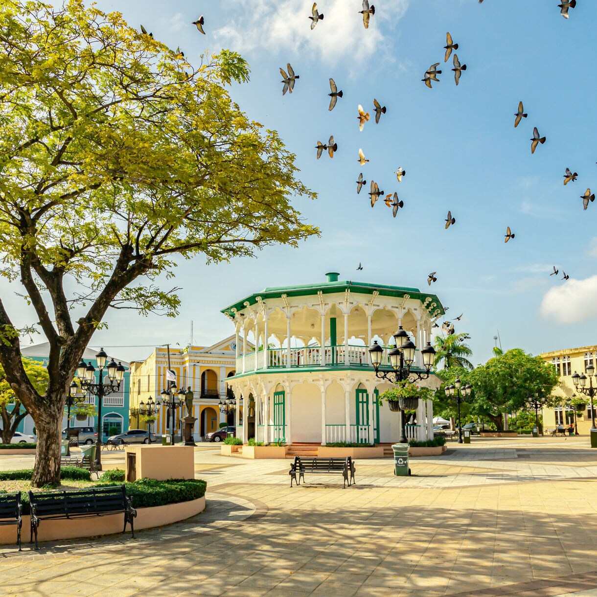 A scenic plaza in Puerto Plata, Dominican Republic featuring a white and green Victorian-style gazebo, a large tree with yellow-green leaves, colonial buildings and pigeons soaring against a bright blue sky.
