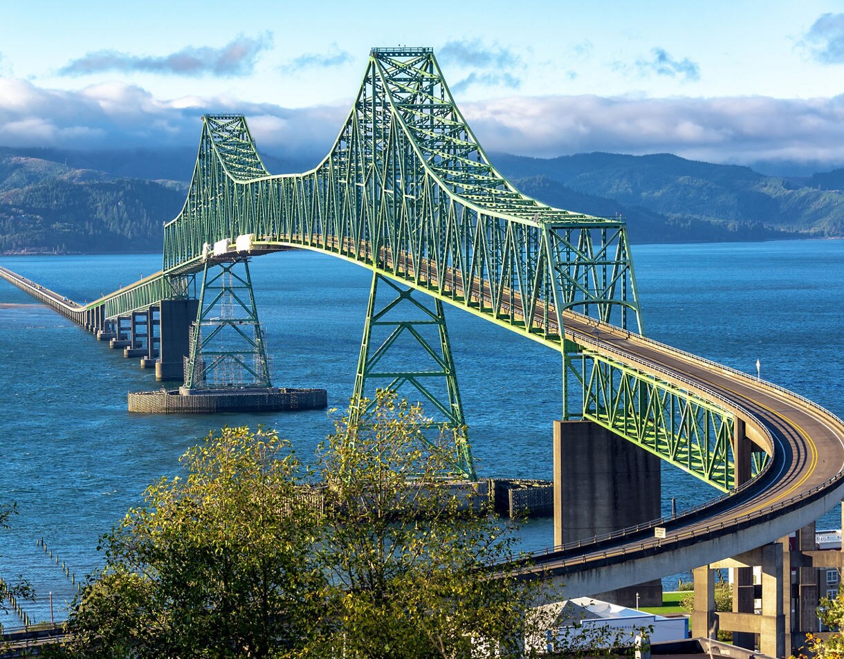 Beautiful view of the magnificent Astoria Megler Bridge crossing the Columbia River from Astoria, Oregon to Washington