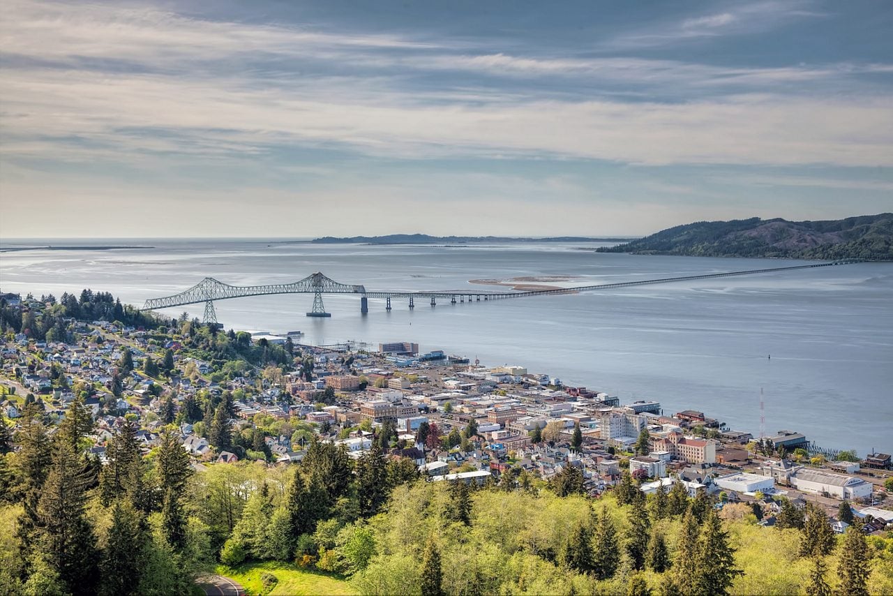 A sweeping view of the Astoria-Megler Bridge spanning the Columbia River, surrounded by forested hills and a misty, atmospheric landscape.