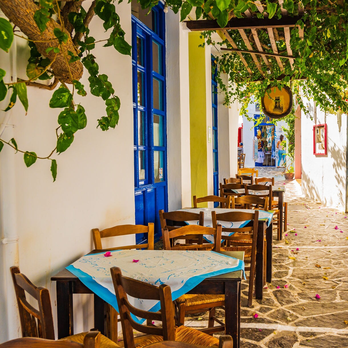 Outdoor café tables along a narrow cobblestone street in Plaka with whitewashed walls, blue doors and flowering vines overhead.