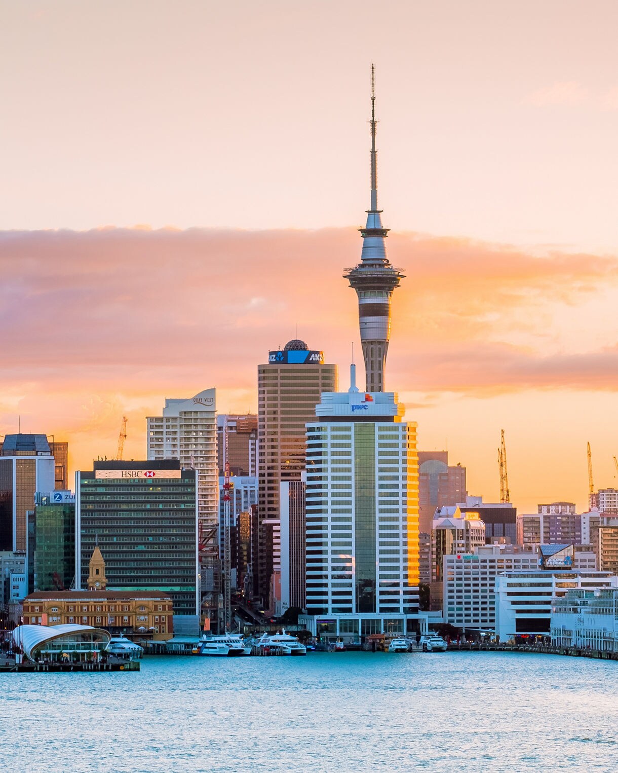 View of Auckland’s skyline at sunset with the Sky Tower centered, warm pastel sky and a sailboat gliding across the harbor.