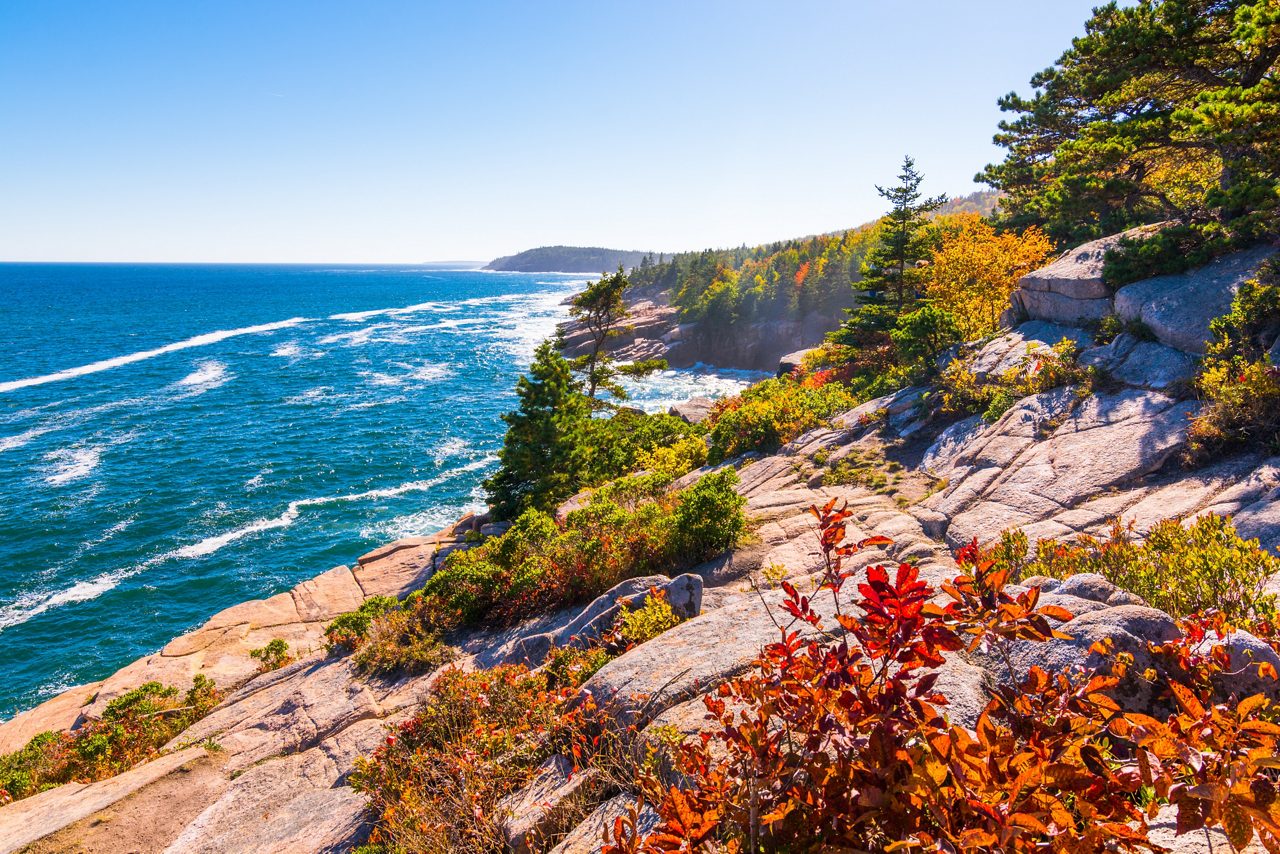 Bar Harbor Maine Acadia National Park, beachline and trees.