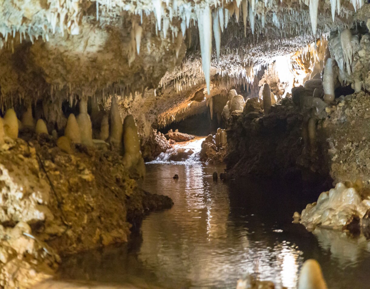 An illuminated passage inside Harrison’s Cave in Barbados featuring a reflective underground stream, towering stalagmites and sharp stalactites hanging from the ceiling.