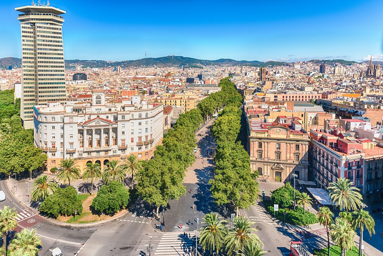 Aerial view of La Rambla in Barcelona, a wide pedestrian street shaded by green trees, stretching through the city center.