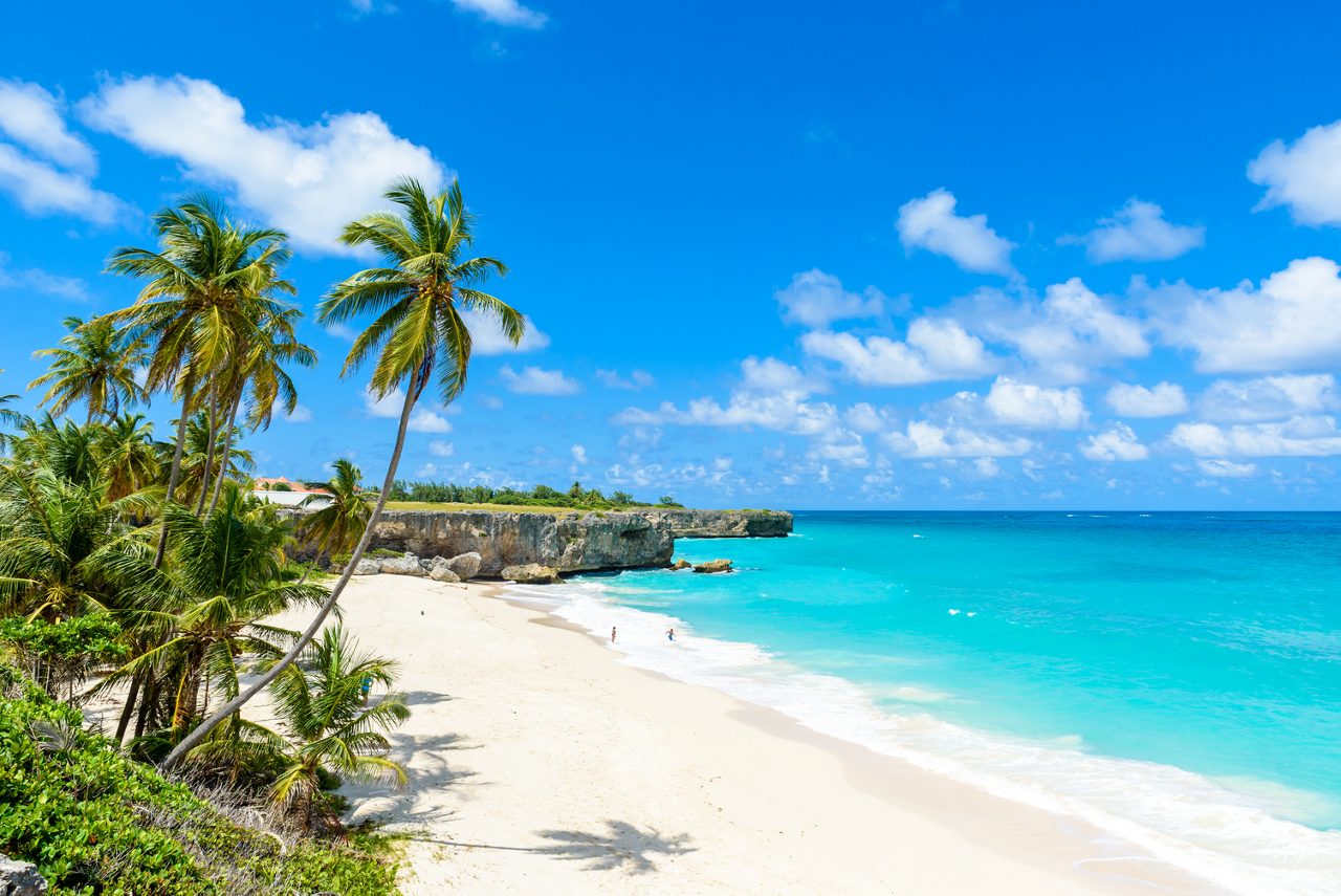 A scenic view of Bottom Bay in Barbados featuring soft white sand, clear turquoise water, tall palm trees and rugged limestone cliffs under a bright blue sky with fluffy clouds.