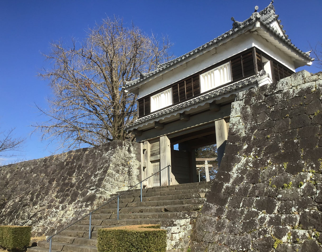 Stone steps lead to a traditional wooden gate atop mossy stone walls at Usuki Castle ruins, under a clear blue sky.