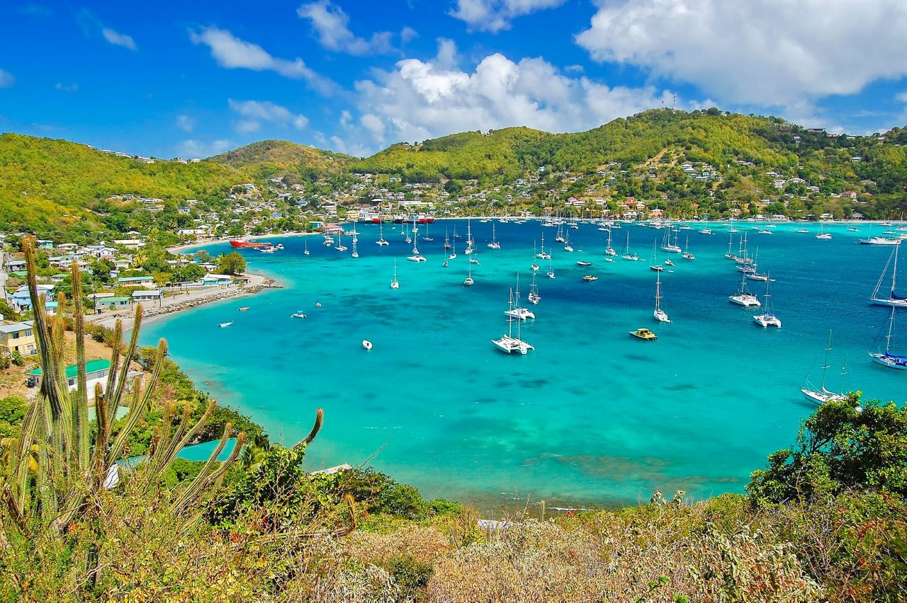 Aerial view of a Caribbean bay with turquoise water filled with numerous white sailboats and yachts, surrounded by verdant hills with scattered houses and tropical vegetation in the foreground.
