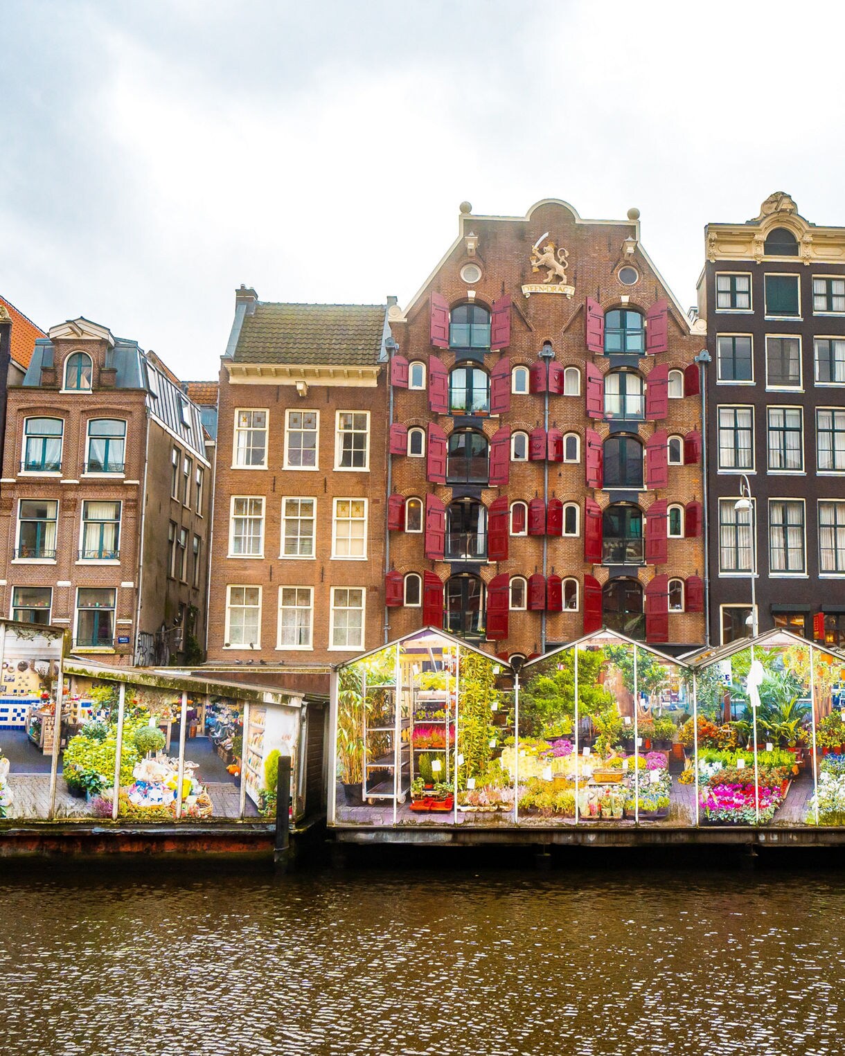 Floating flower stalls of Bloemenmarkt in Amsterdam with vibrant plants and historic houses behind.