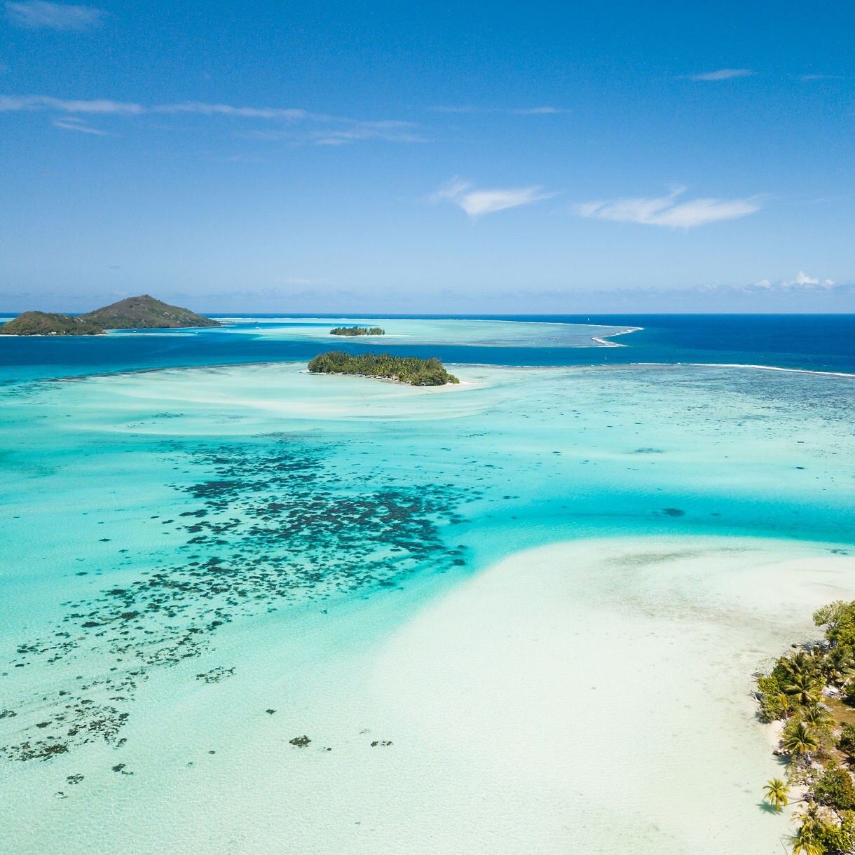 A vibrant tropical lagoon with crystal‑clear turquoise water, shallow sandbars, and small green islands scattered in the distance under a bright blue sky.