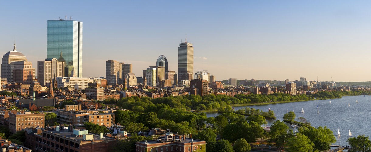 The skyline of Boston in Massachusetts, USA on a sunny summer day.