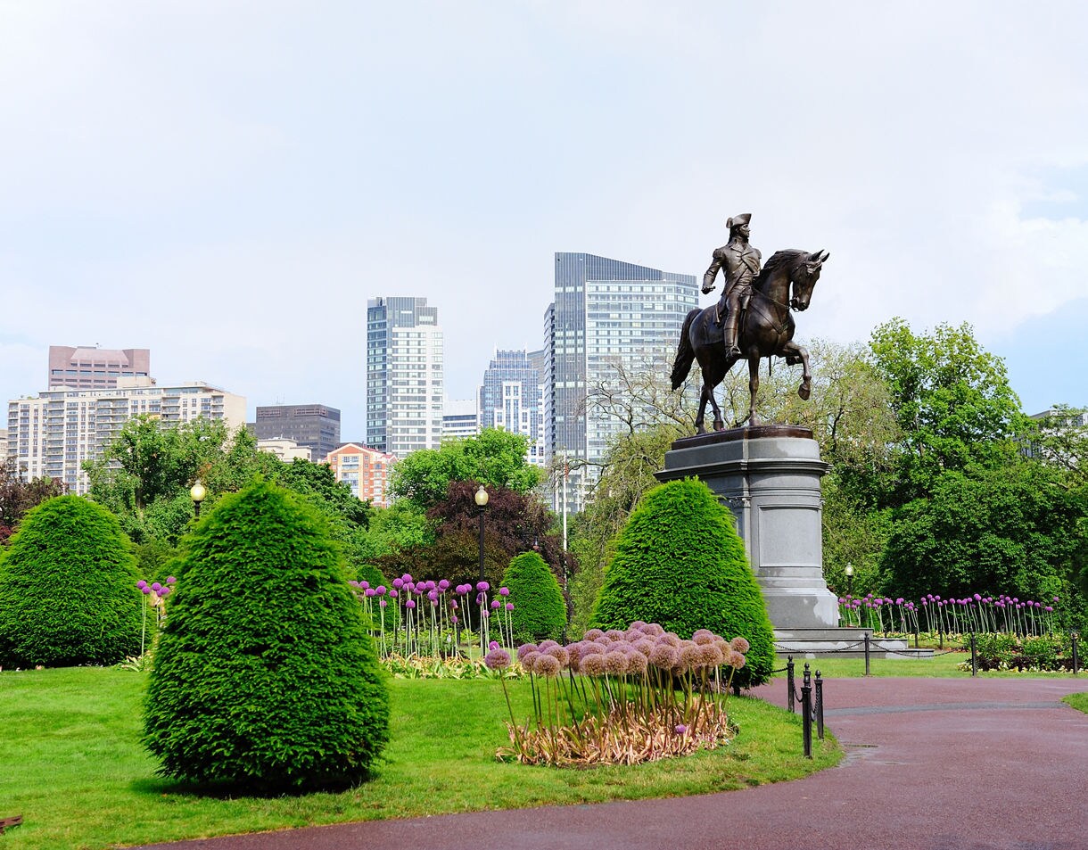 Boston Public Garden with manicured shrubs, purple allium flowers and the George Washington equestrian statue set against a backdrop of modern city towers.