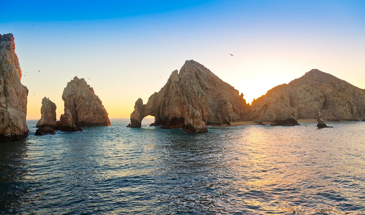 Aerial sunset in El Arco, Cabo San Lucas, Mexico. 