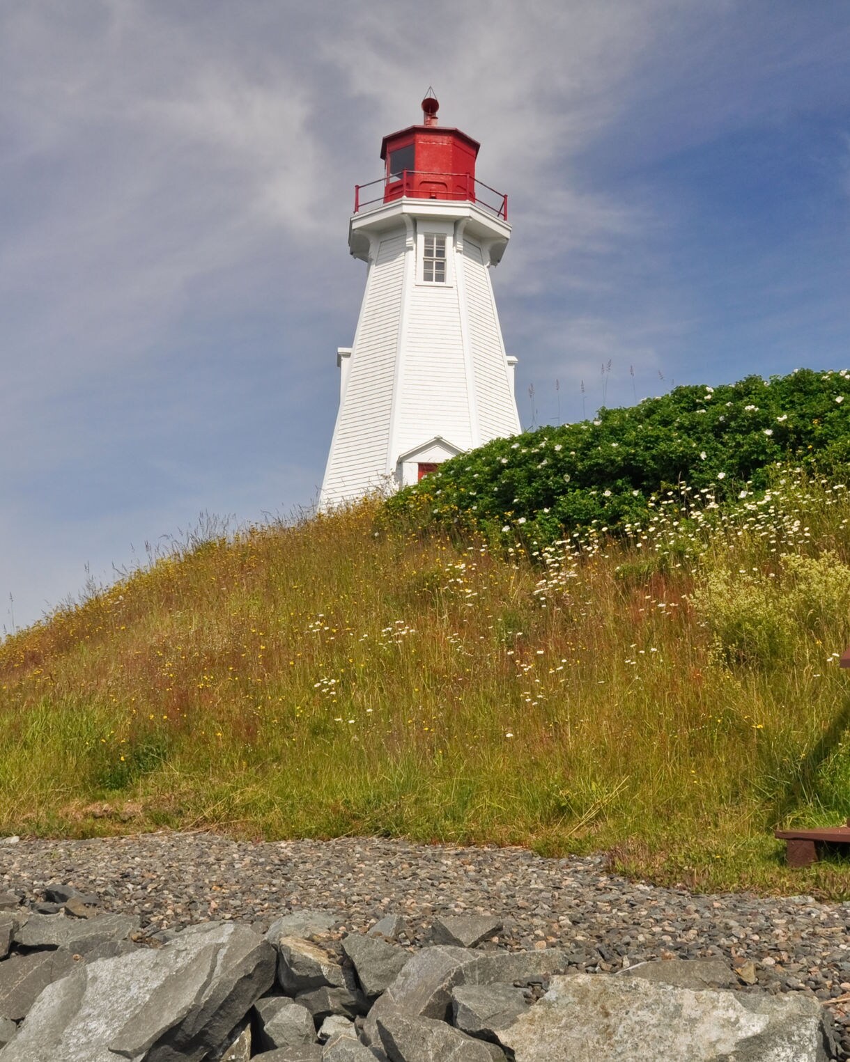 A white lighthouse with a red top stands on a grassy hill covered in wildflowers on Campobello Island, with a wooden staircase leading up from the rocky shoreline.