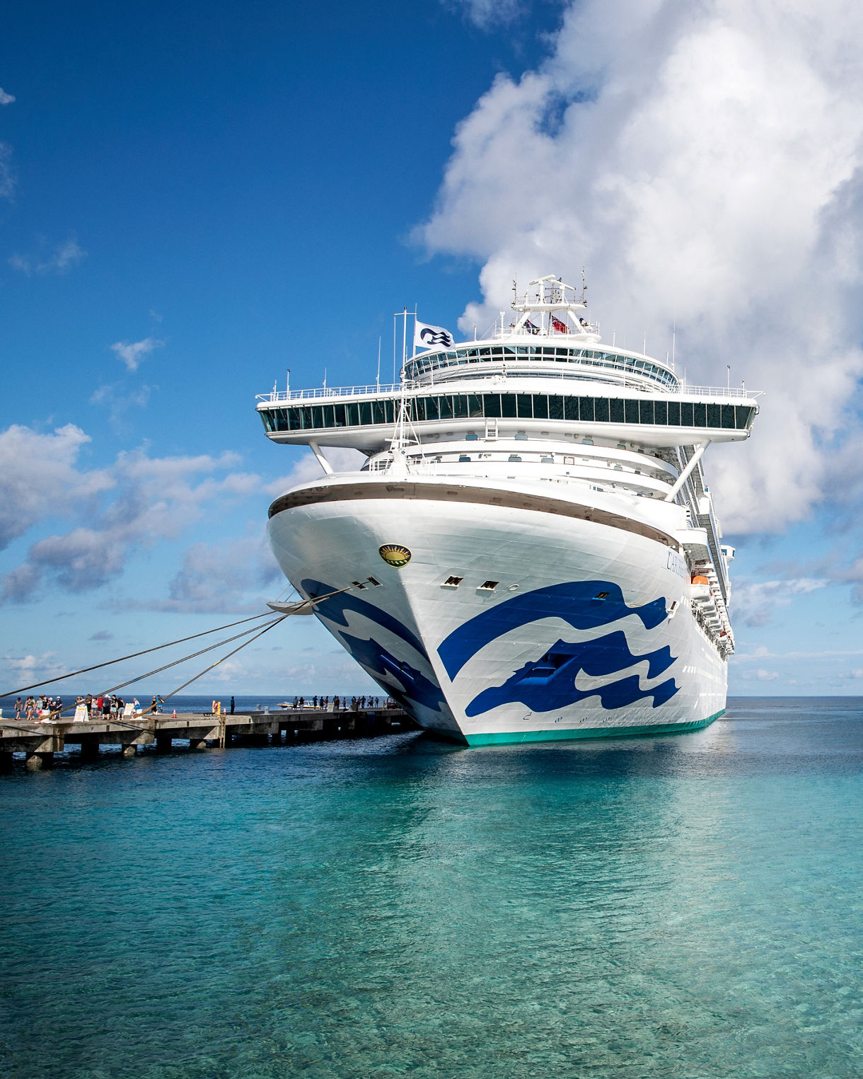 A large white cruise ship with the Princess seawitch logo design on the front is docked at a pier on a sunny day.