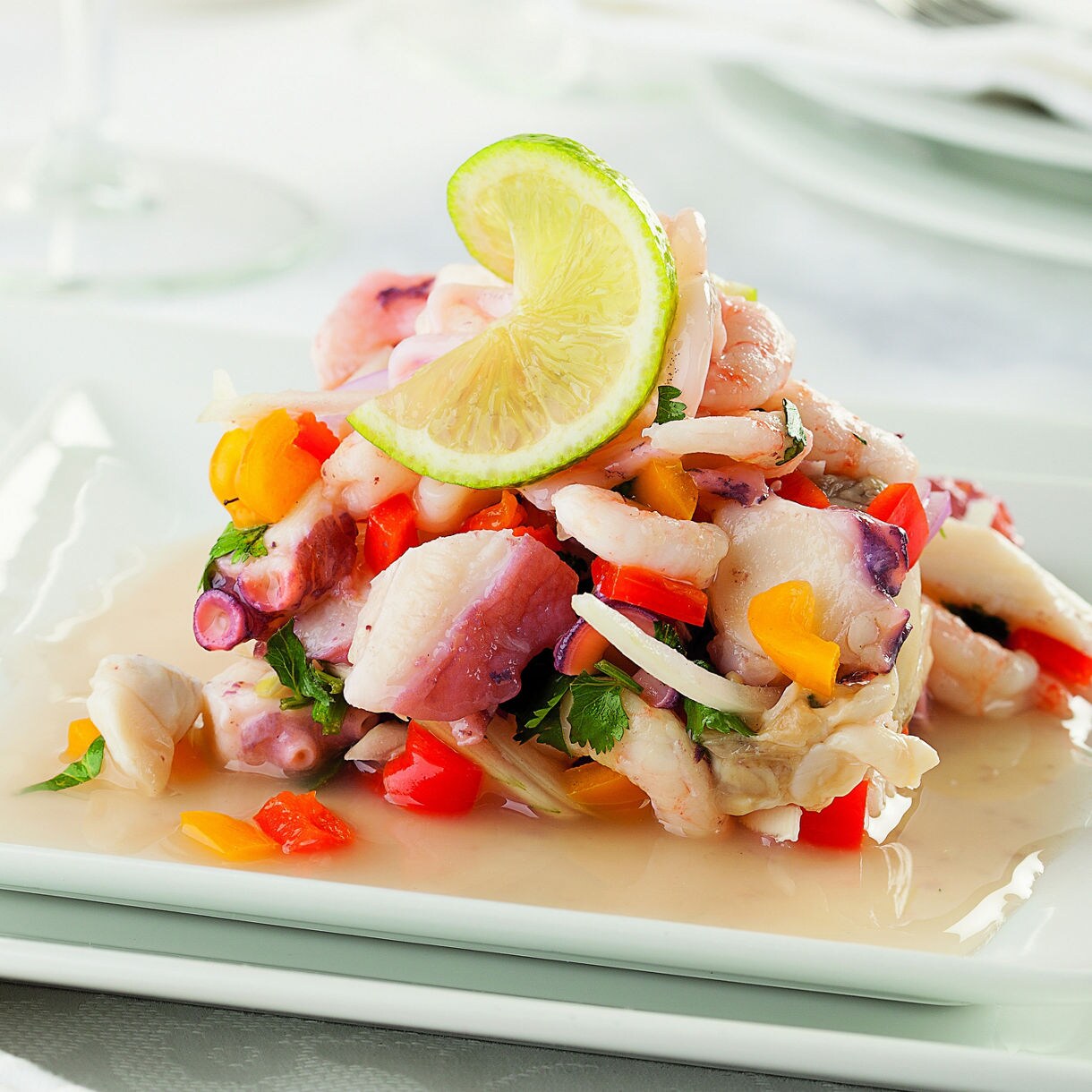 Ceviche on a white plates close up.