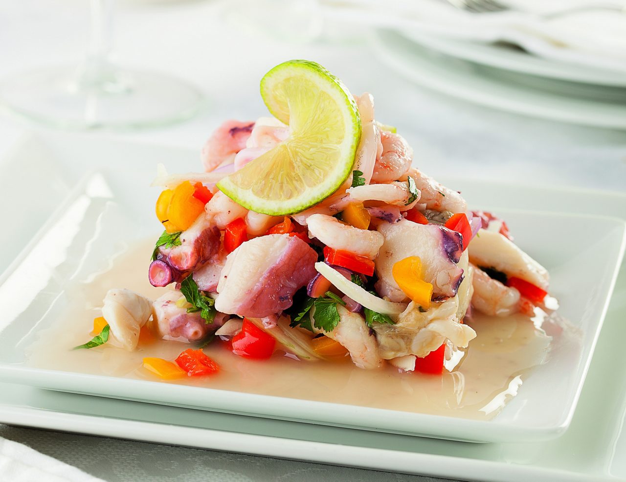 Ceviche on a white plates close up.