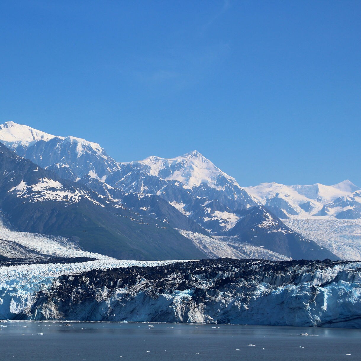 A breathtaking view of College Fjord, with snow-covered mountains towering above the calm waters, dotted with icebergs and shrouded in mist under a cloudy sky.